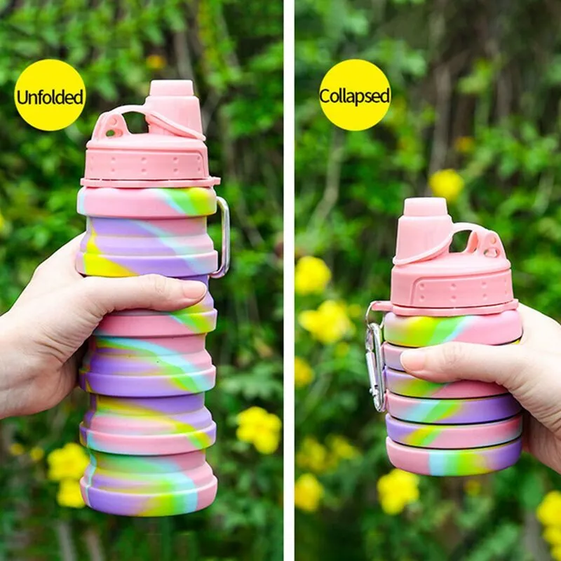 BZY Foldable Drinking Water Bottle Leakproof Fold Silicone Water Bottles Cup With Straw Outdoor Hiking Camping 500ml (Multi Color)