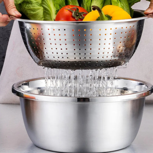 3-in-1 Stainless Steel Vegetable Cutter with Drain Basket Easy Food Prep for Southeast Asian Buyers Grater Basin for Fruits Vegetables